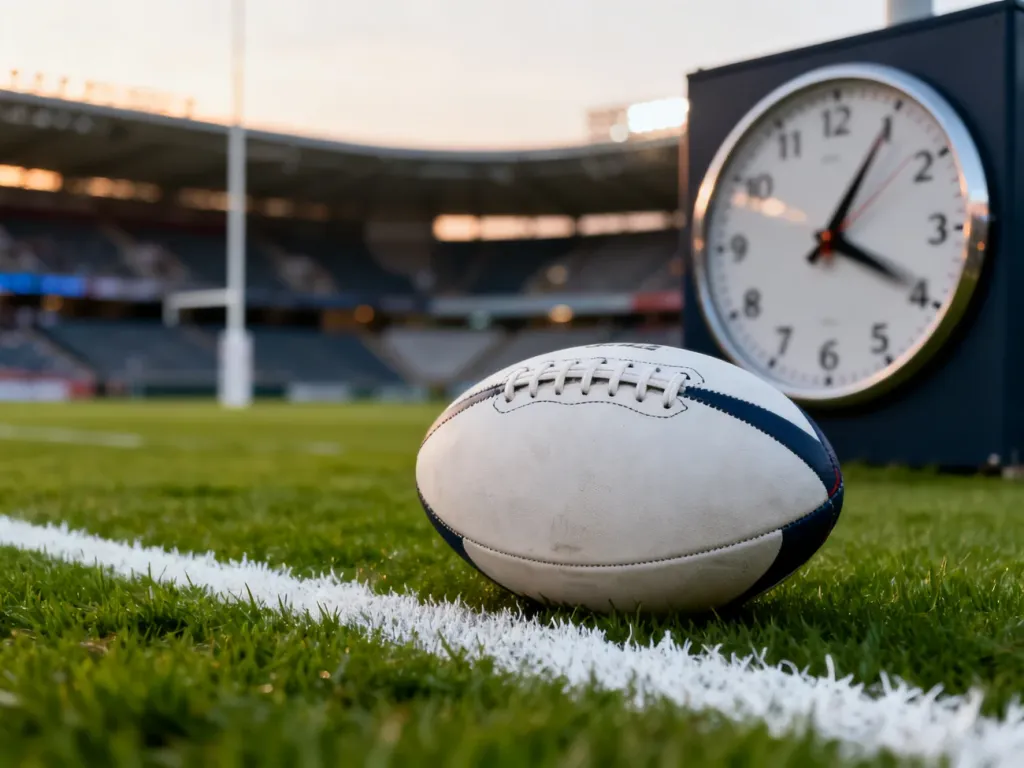 Piłka do rugby na murawie przy linii bocznej, w tle zegar stadionowy podkreślający upływający czas meczu.
