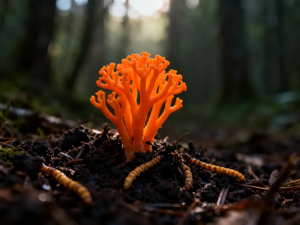 Pomarańczowe grzyby Cordyceps wyrastające z ciemnej, leśnej gleby w naturalnym świetle.