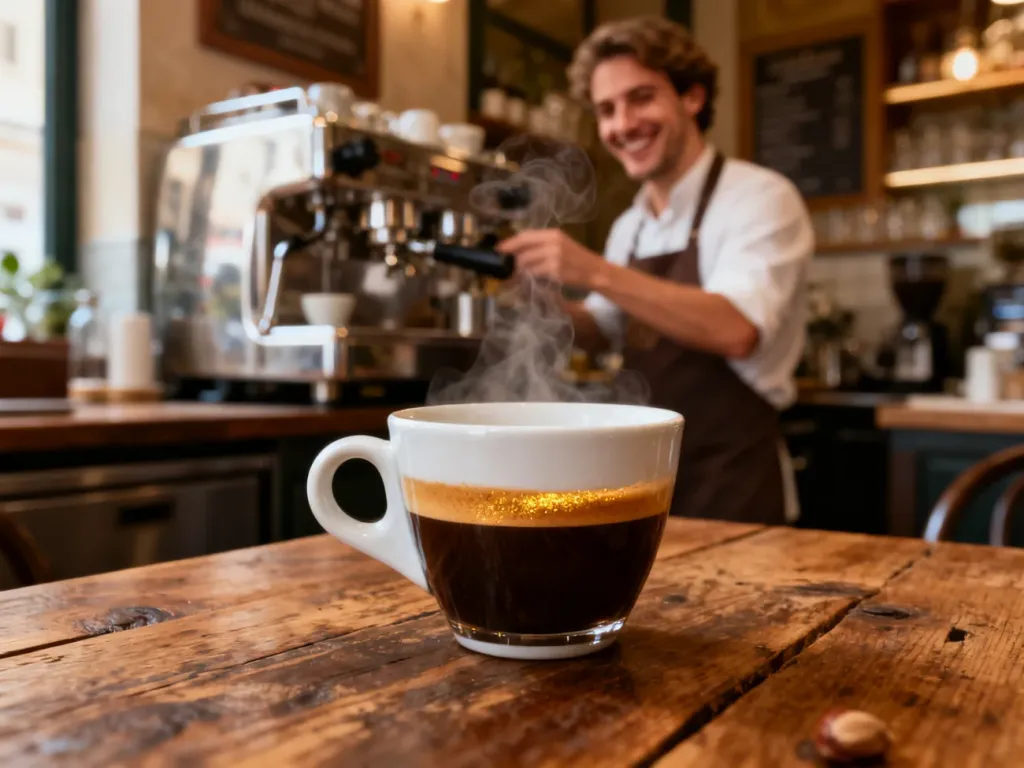 Parująca filiżanka podwójnego espresso z gęstą cremą na drewnianym stole w klimatycznej włoskiej kawiarni.