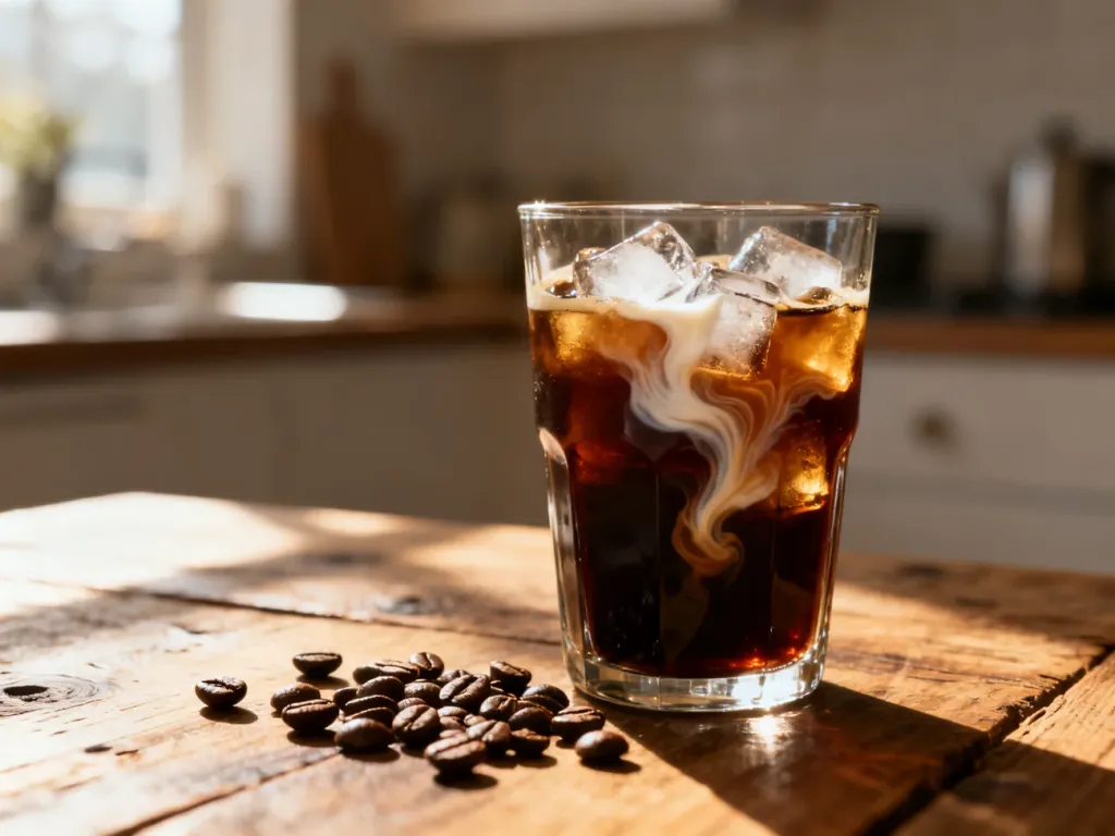 Szklanka cold brew z lodem i wirującym mlekiem na drewnianym stole, w otoczeniu ziaren kawy w słonecznej kuchni.
