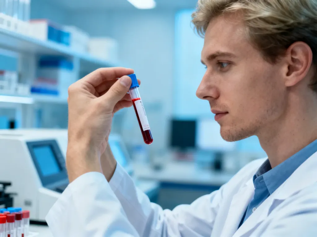 Pracownik laboratorium medycznego trzymający probówkę z próbką krwi w nowoczesnym gabinecie diagnostycznym.