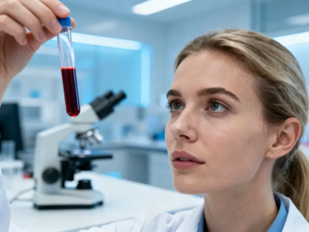 Technik laboratoryjny analizujący próbkę krwi w nowoczesnym laboratorium medycznym.