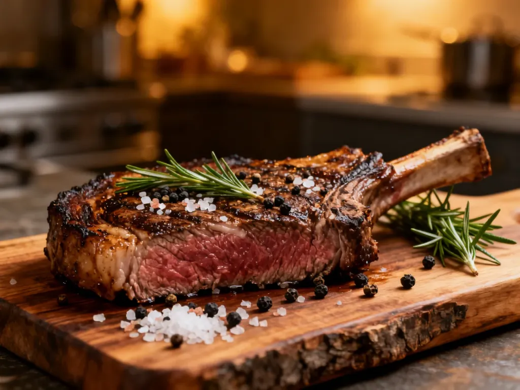 Soczysty stek ribeye na drewnianej desce, przyprawiony solą morską, pieprzem i świeżym rozmarynem.