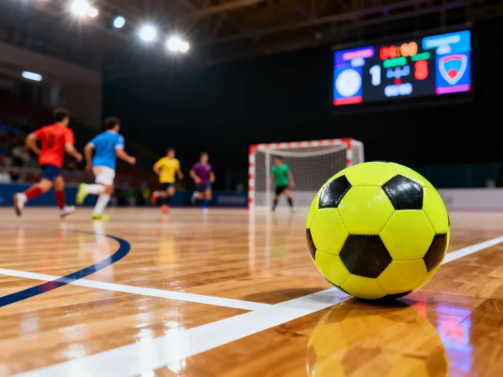 Piłka futsalowa na parkiecie hali, w tle zawodnicy przy bramce i tablica wyników podkreślająca czas trwania meczu.
